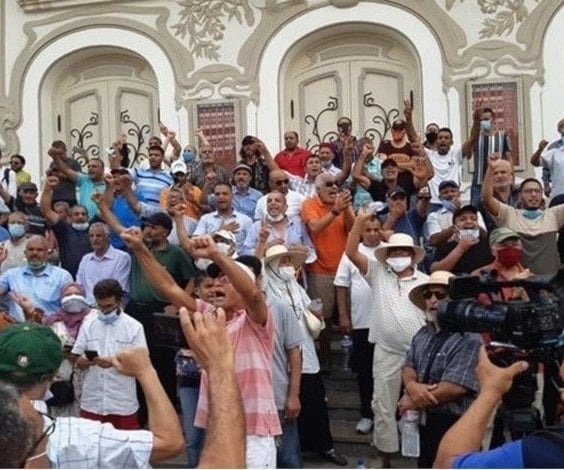 A protest outside the ornate belle epoque theatre on Habib Bourguiba Avenue A protest outside the ornate belle epoque theatre on Habib Bourguiba Avenue