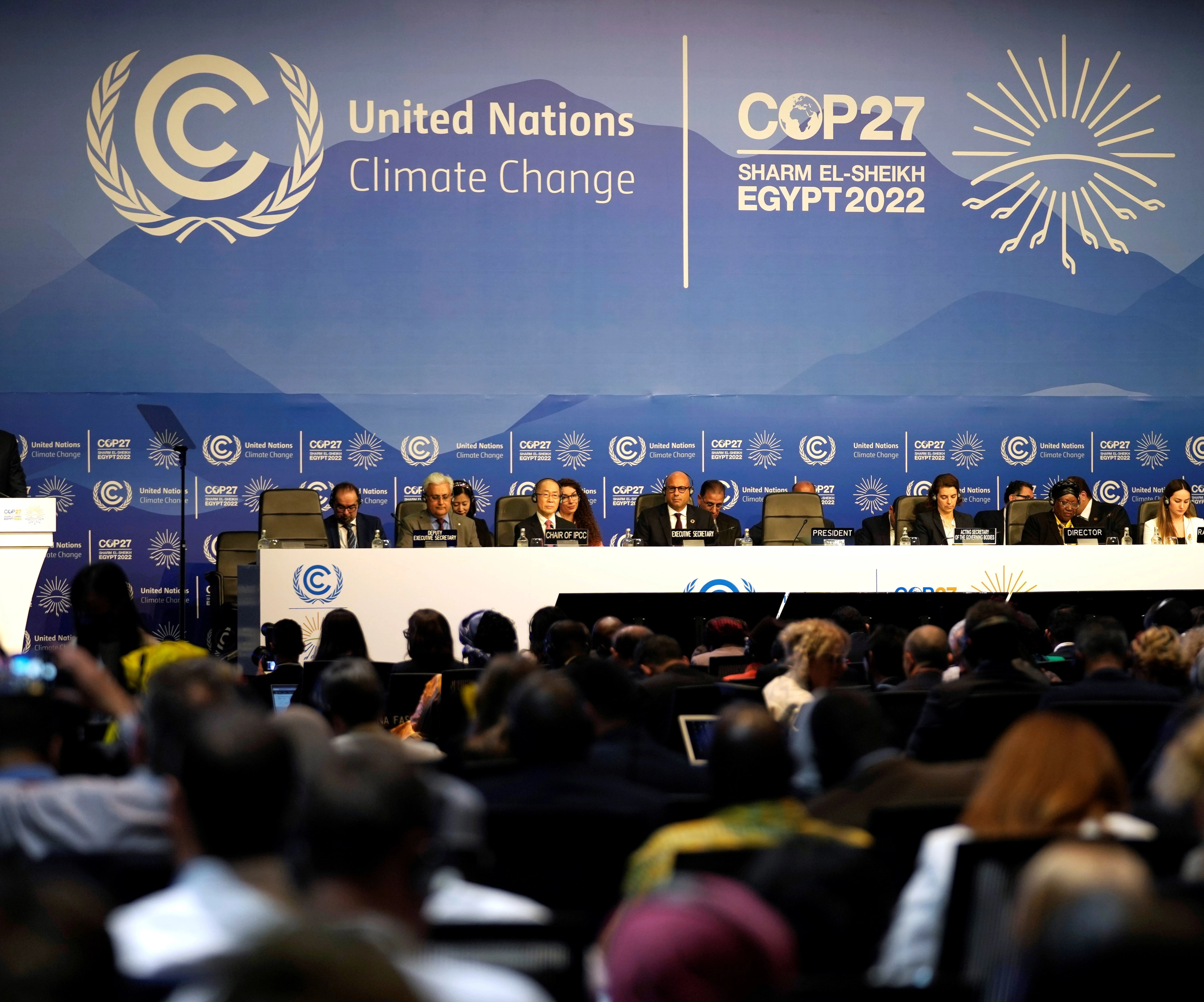 Sameh Shoukry, president of the COP27 climate summit, left speaks during an opening session at the COP27 U.N. Climate Summit, Sunday, Nov. 6, 2022, in Sharm el-Sheikh, Egypt (AP Photo/Peter Dejong) Sameh Shoukry, president of the COP27 climate summit, left speaks during an opening session at the COP27 U.N. Climate Summit, Sunday, Nov. 6, 2022, in Sharm el-Sheikh, Egypt (AP Photo/Peter Dejong)
