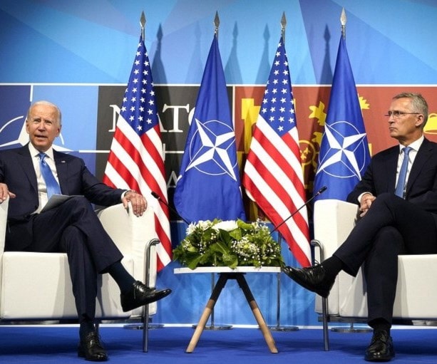 US President Joe Biden, with NATO Secretary General Jens Stoltenberg during a meeting at the NATO summit in Madrid, Spain, on June 29, 2022. (AP) US President Joe Biden, with NATO Secretary General Jens Stoltenberg during a meeting at the NATO summit in Madrid, Spain, on June 29, 2022. (AP)