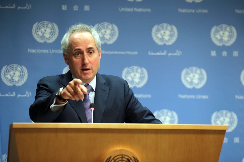 Stephane Dujarric, Spokesperson for the Secretary-General, conducts the daily noon briefing for journalists at UN headquarters in New York on October 17, 2016