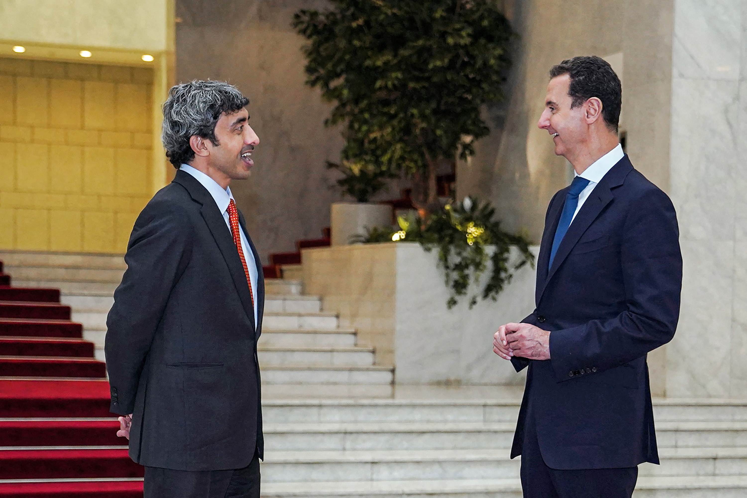 Syrian President Bashar Al-Assad receiving UAE Foreign Minister Abdullah bin Zayed Al Nahyan in Damascus, Syria (Credit: AFP)