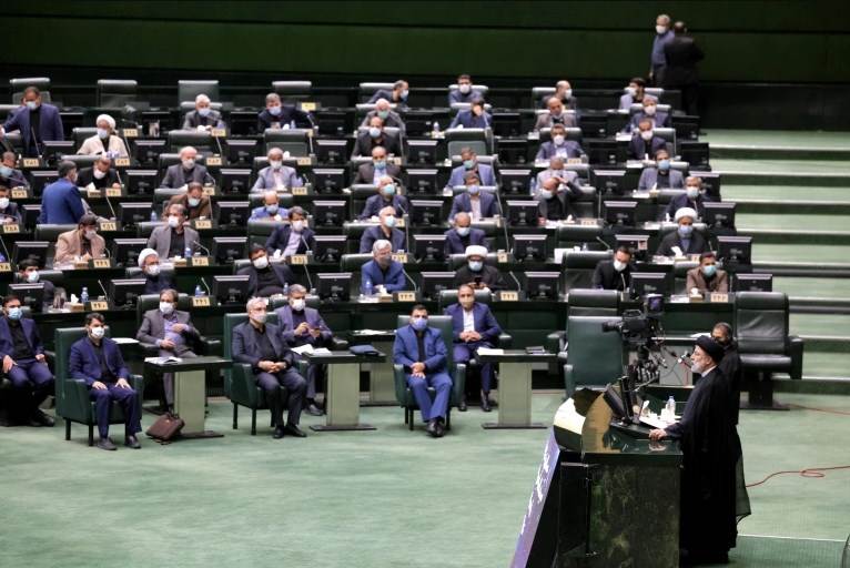 Iranian President Ebrahim Raisi speaking to Parliament (AFP)