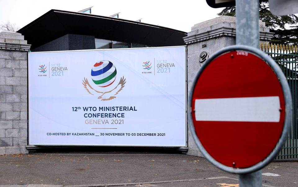 A sign of the meeting posted outside WTO Headquarters in Geneva