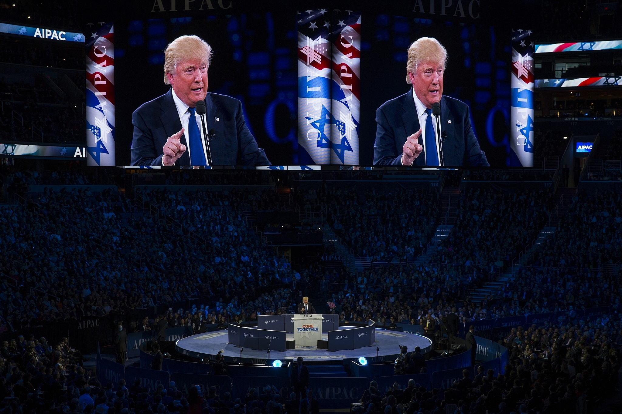 Former US President Donald Trump speaking at the 2016 AIPAC Policy Conference