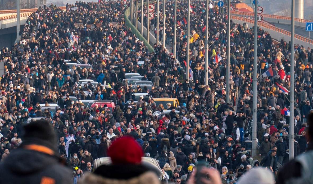 Thousands gathered on the main bridge in Serbia's capital, Belgrade.