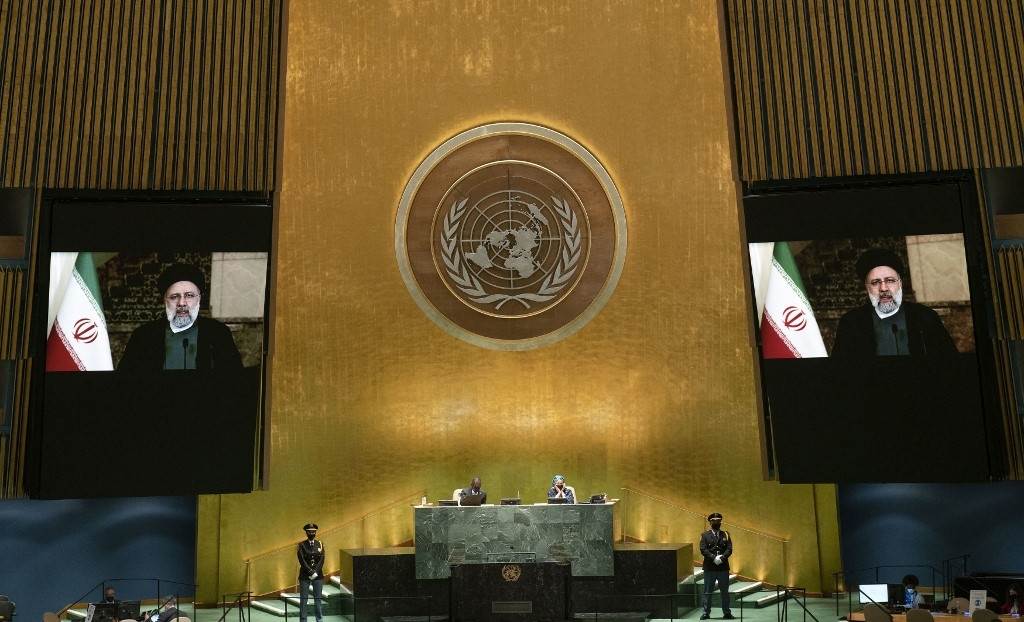 Iranian President Ebrahim Raisi in a speech during the United Nations General Assembly on September 21, 2021. (AFP)