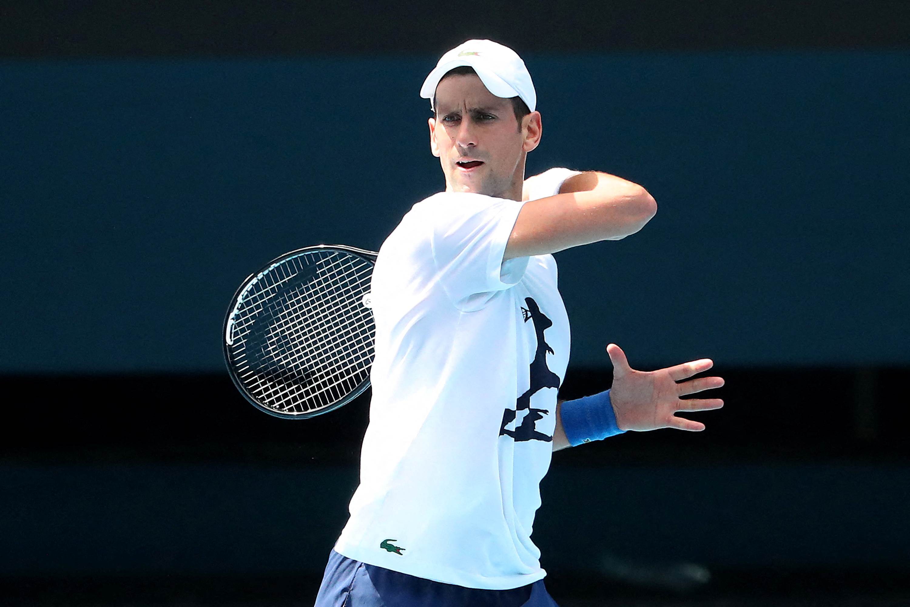 Djokovic practicing in Melbourne Park in Melbourne, Australia, on January 11, ahead of the Australian Open