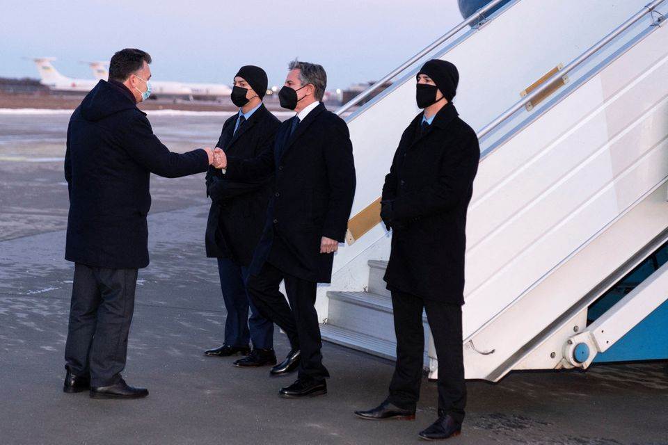 US Secretary of State Antony Blinken received by Ukrainian Deputy Foreign Minister Dmytro Senik, Kyiv, Ukraine, January 19, 2021. Alex Brandon/Pool via (REUTERS)