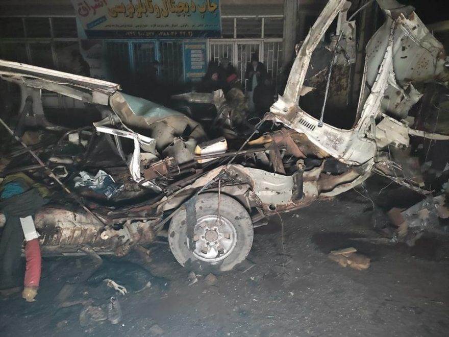 The aftermath of the explosion in Herat, Afghanistan, showing the wreckage of the minivan January 22, 2022