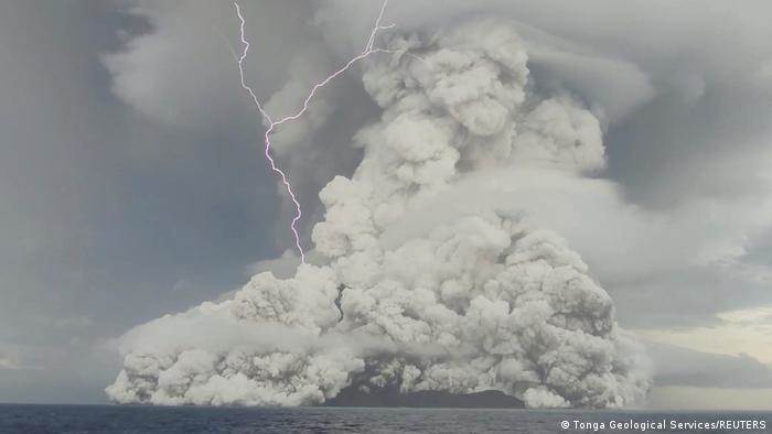 Ash-cloud generated lighting is visible during the eruption of the Hunga Tonga-Hunga Ha'apai volcano. (Tonga Geological Services/Reuters)