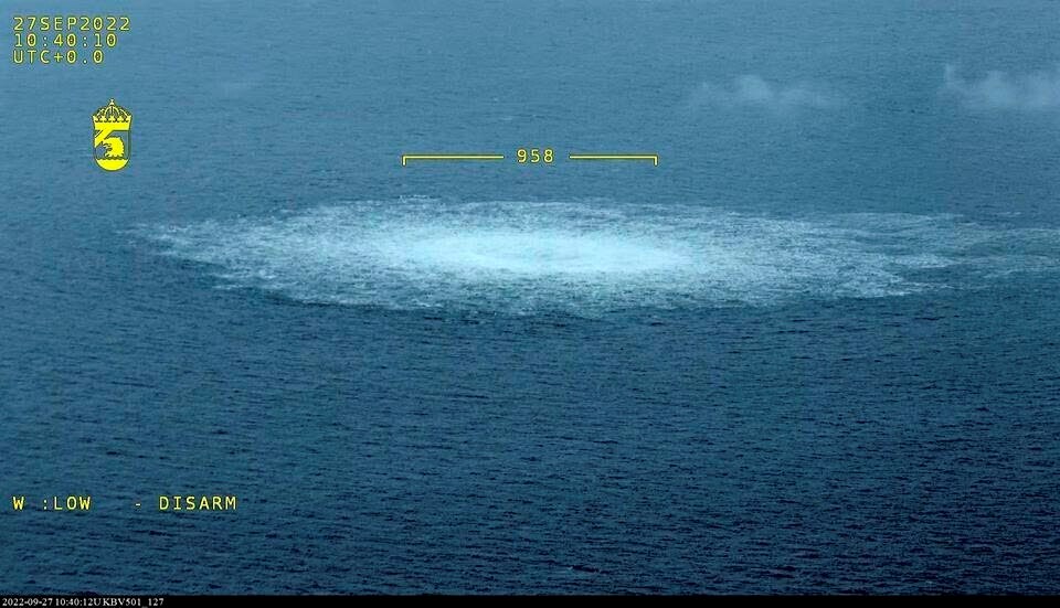 In this picture provided by Swedish Coast Guard, the gas leak in the Baltic Sea from Nord Stream photographed from the Coast Guard's aircraft on Wednesday, Sept. 27, 2022 (Swedish Coast Guard via AP)