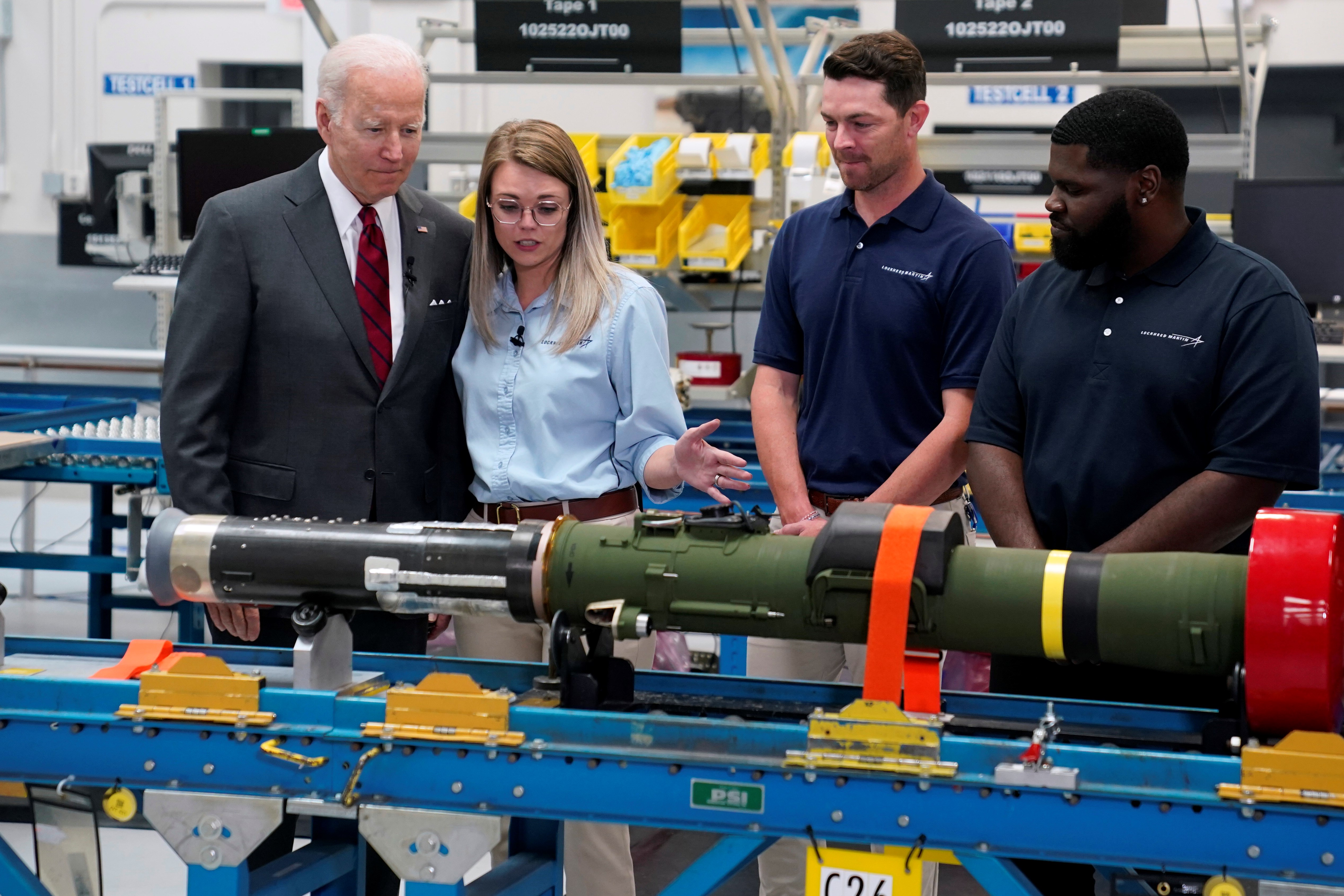 President Joe Biden listens during tour of the Lockheed Martin Pike County Operations facility where Javelin anti-tank missiles are manufactured, Tuesday, May 3, 2022, in Troy, Ala (AP Photo/Evan Vucci)