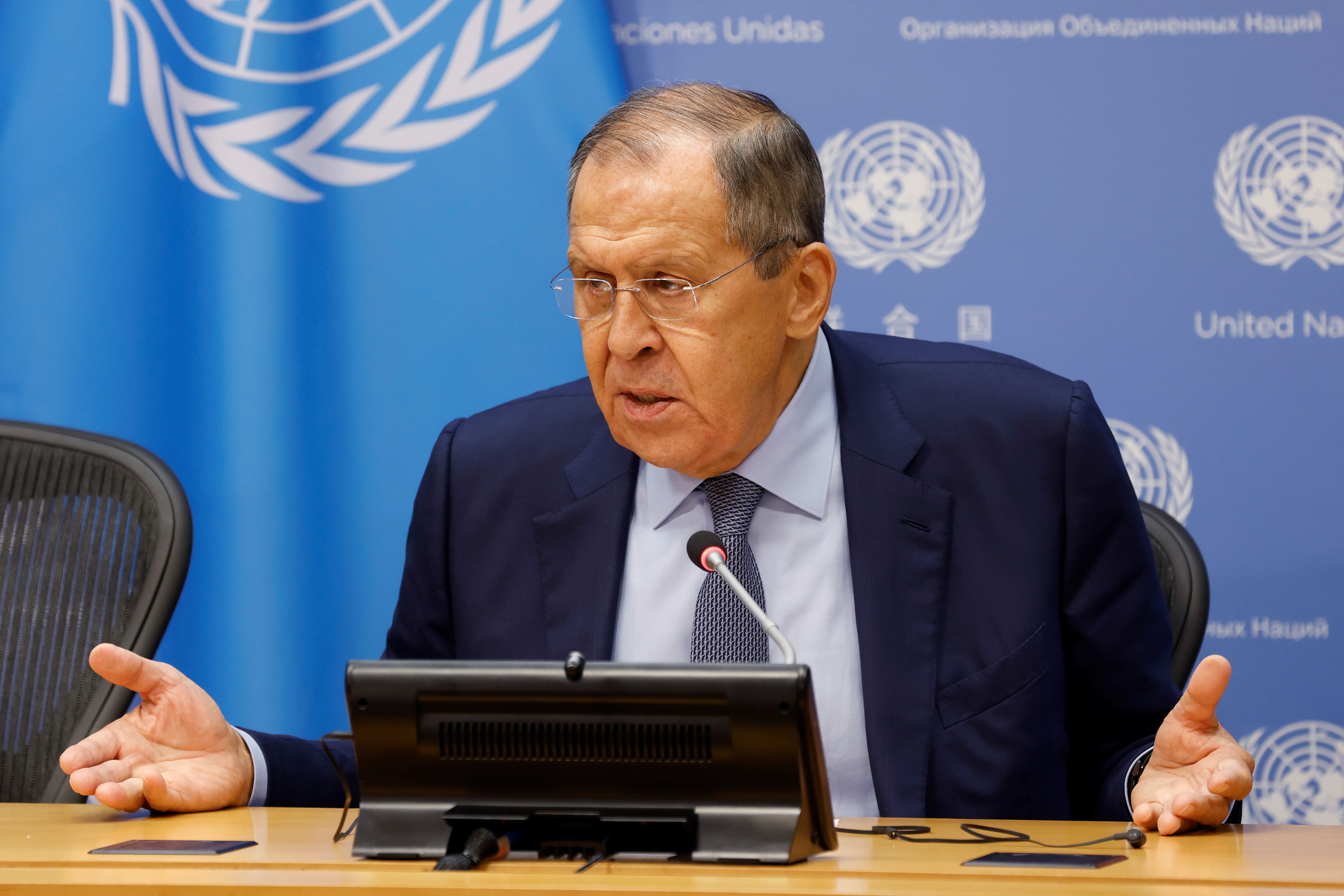 Russian Foreign Minister Sergey Lavrov holds a news conference on the sidelines of the 77th session of the United Nations General Assembly, at U.N. headquarters, Saturday, Sept. 24, 2022 (AP Photo/Jason DeCrow)