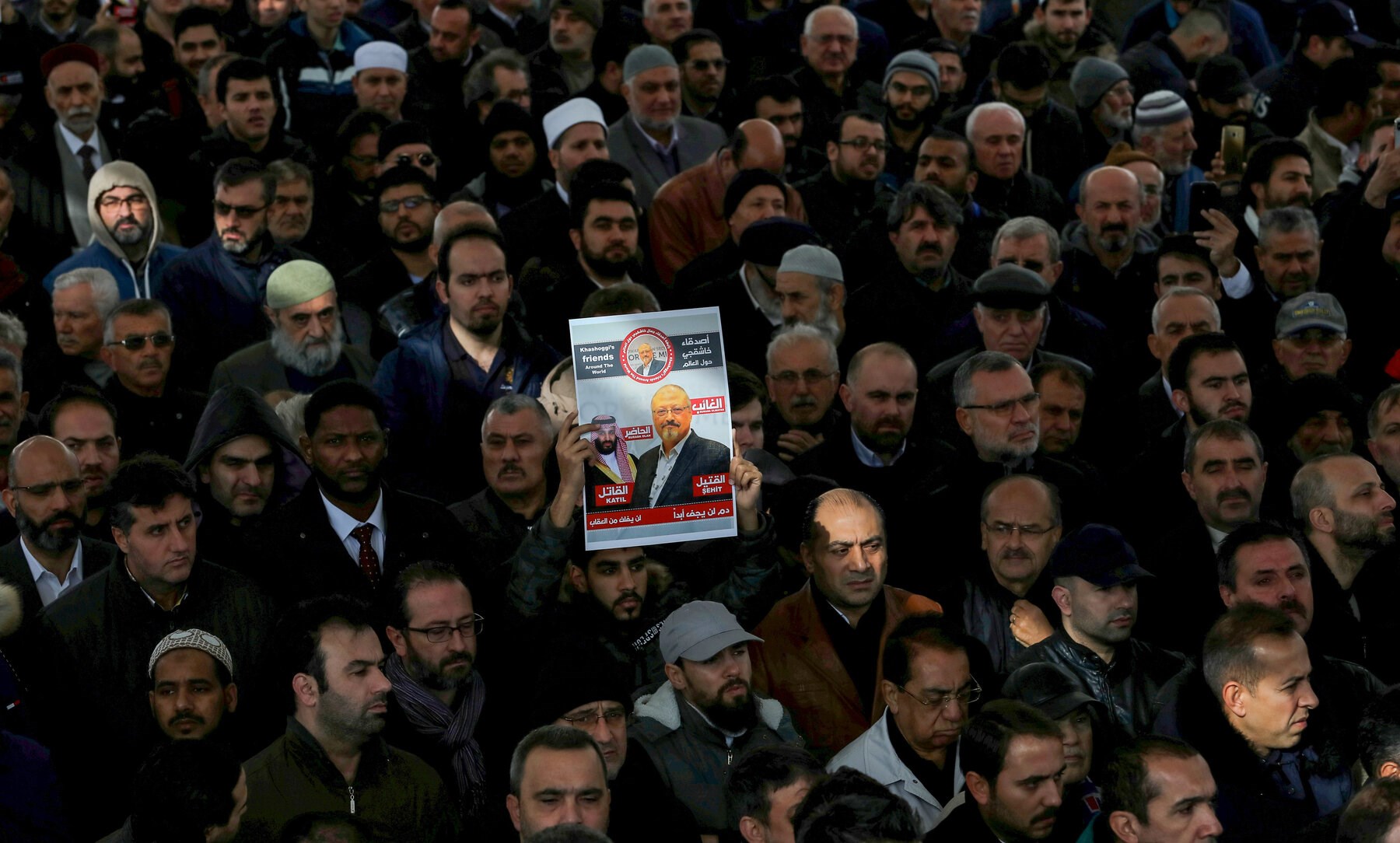 Friends and supporters of the Saudi journalist Jamal Khashoggi held funeral prayers over an empty marble slab at one of Istanbul’s holiest mosques in November 2018. Source: Huseyin Aldemir/Reuters