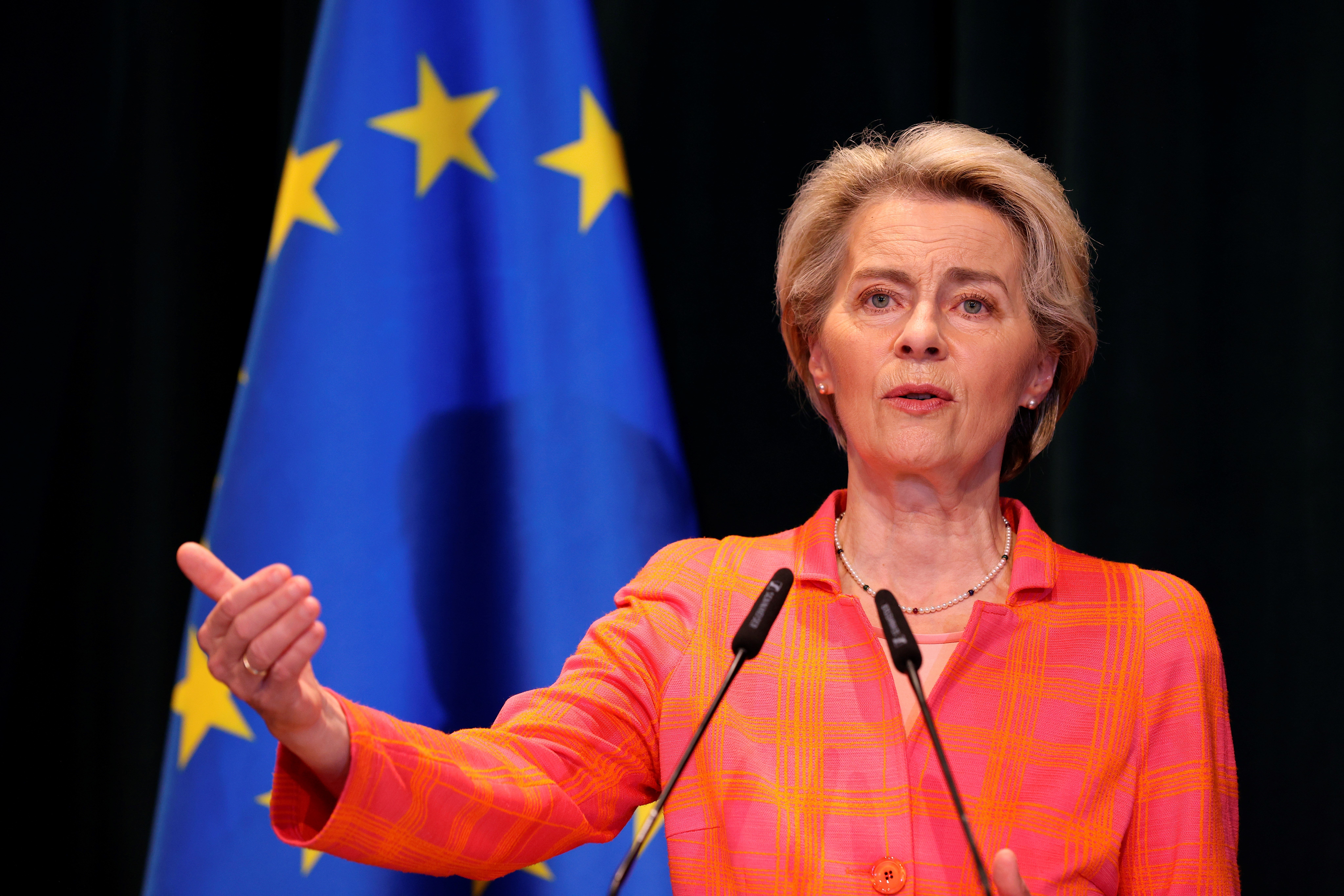 President of the European Commission Ursula von der Leyen speaks during a press conference after a meeting with Albanian Prime Minister Edi Rama in Tirana, Albania, Thursday, Oct. 27, 2022 (AP Photo/Franc Zhurda)