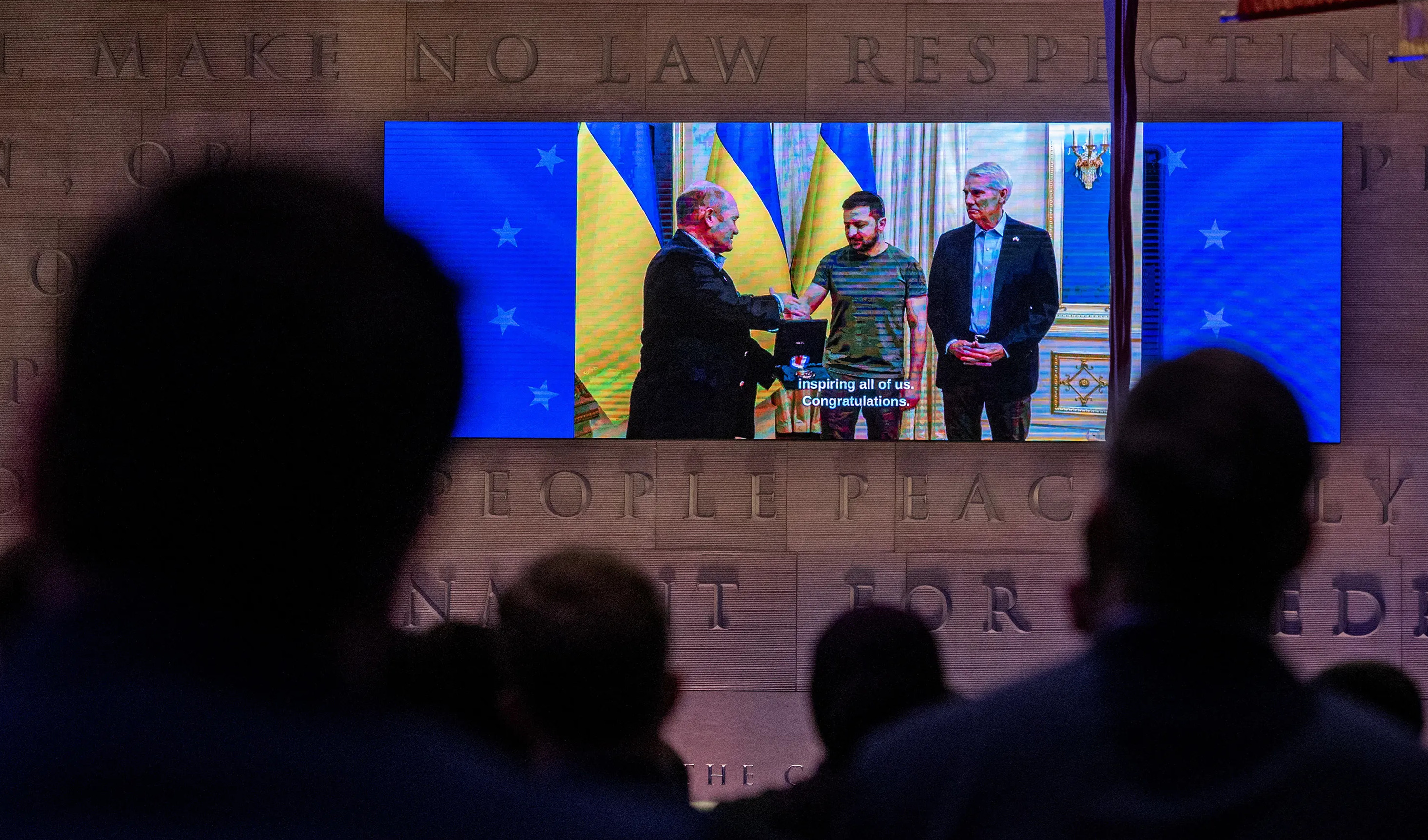 Ukraine President Volodymyr Zelensky is seen on video after receiving the 2022 Liberty Medal (The Philadelphia Inquirer)