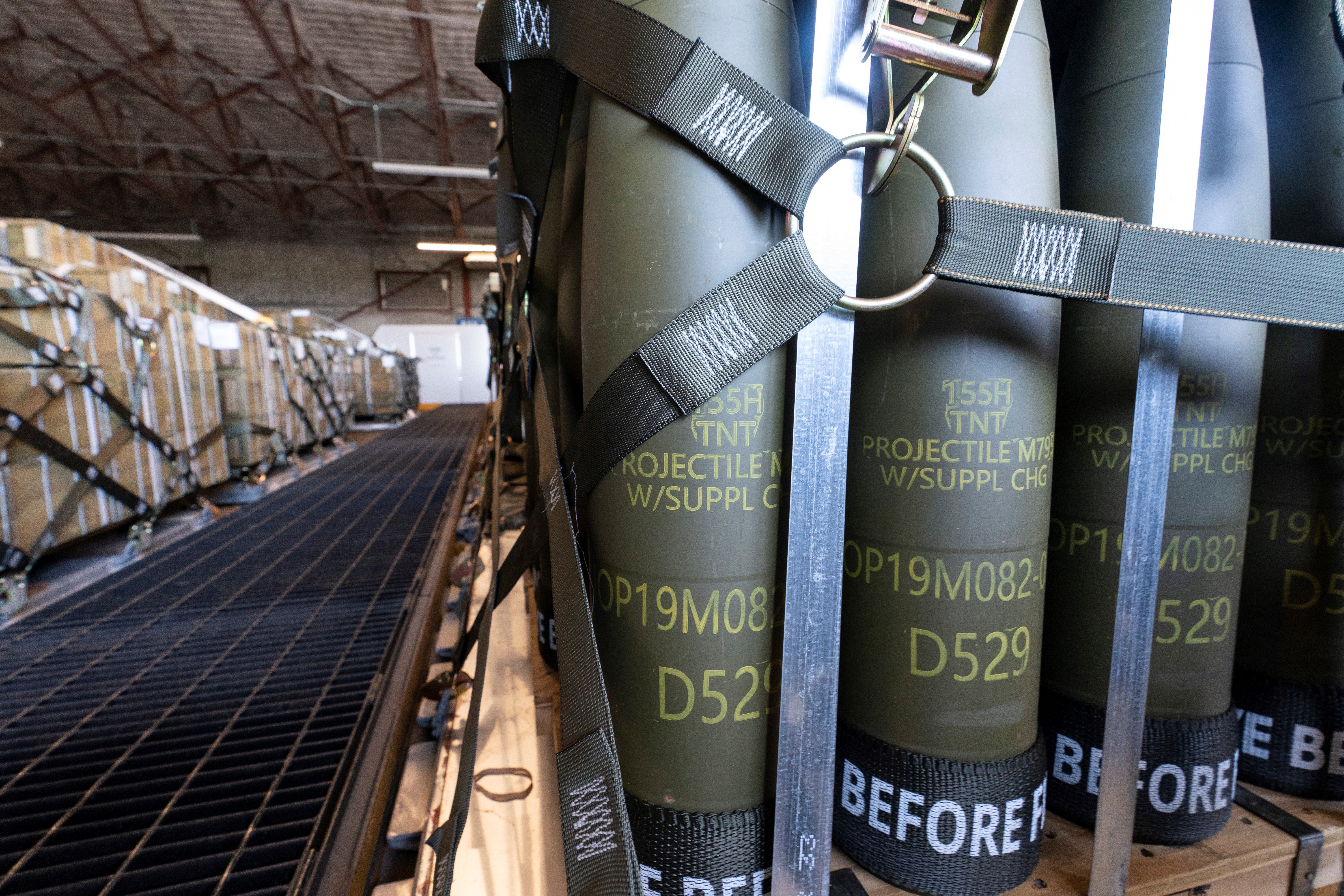 Pallets of 155 mm shells ultimately bound for Ukraine are loaded by the 436th Aerial Port Squadron, Friday, April 29, 2022, at Dover Air Force Base, Del (AP Photo/Alex Brandon, File)