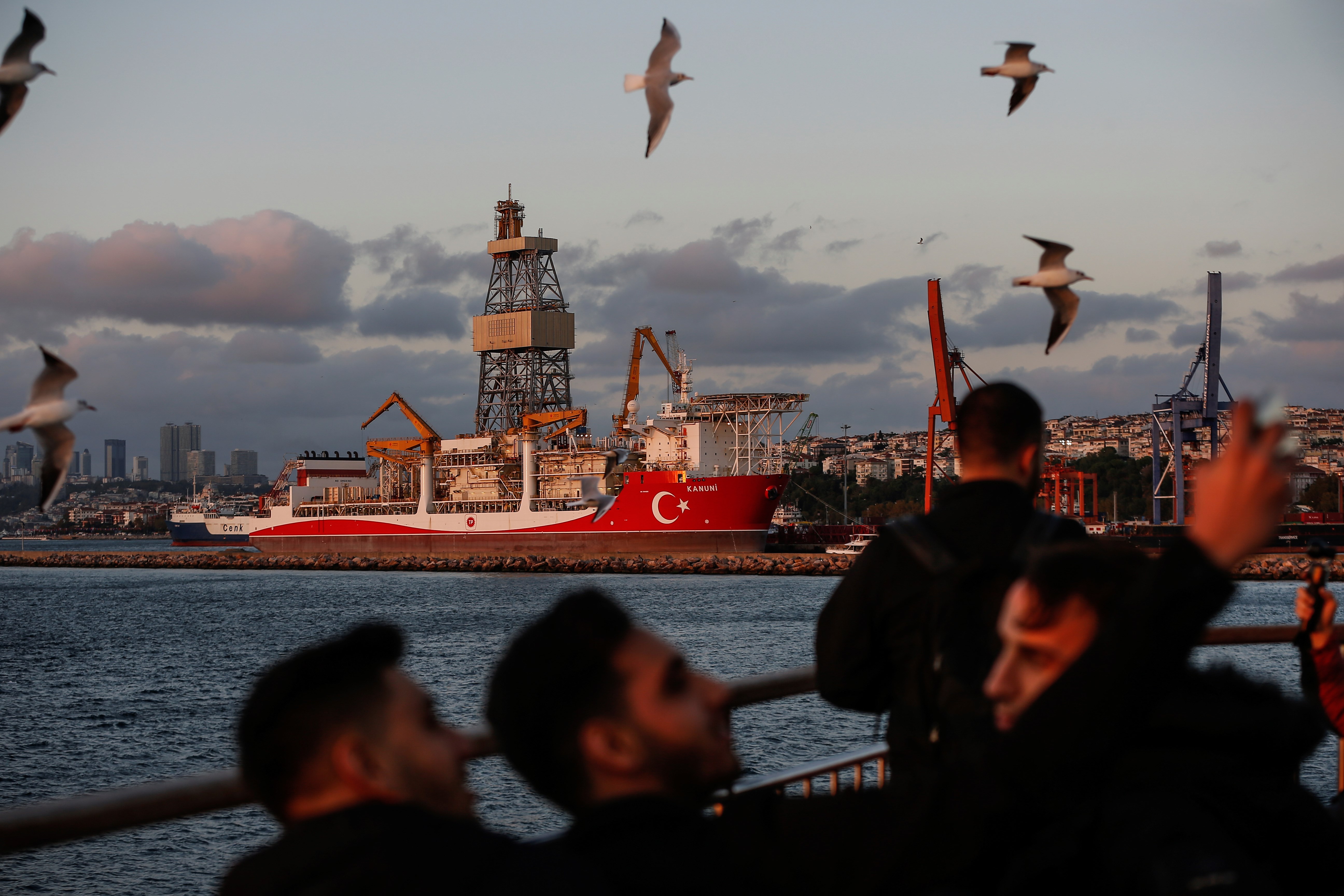Turkish drilling ship Kanuni is seen docked for maintenance before heading to the Black Sea for drilling operations, at the port of Haydarpasa in Istanbul, Wednesday, Oct. 21, 2020 (AP Photo/Emrah Gurel)