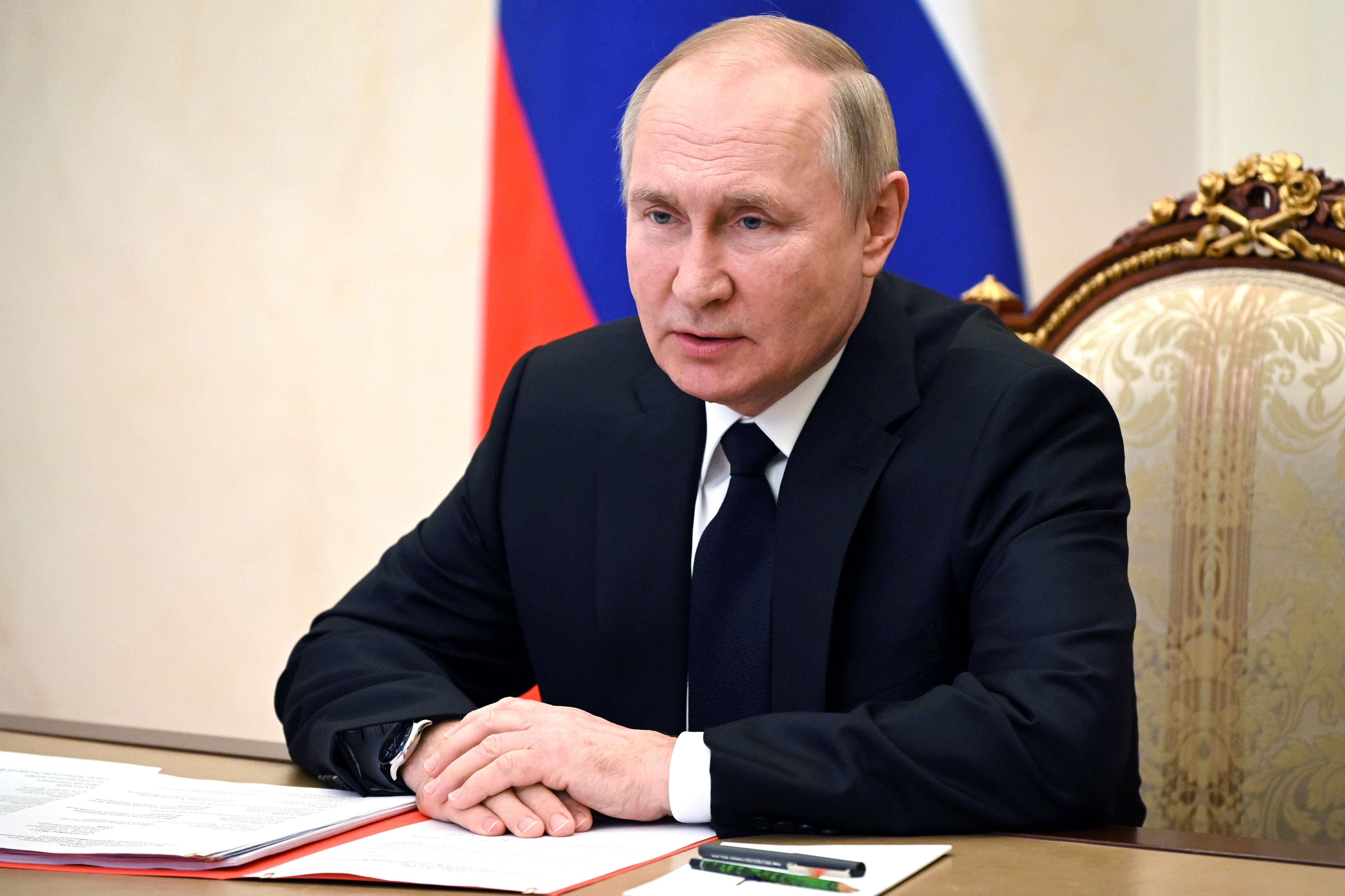 Russian President Vladimir Putin chairs a Security Council meeting via videoconference in Moscow, Russia, Wednesday, Dec. 21, 2022 (Pavel Byrkin, Sputnik, Kremlin Pool Photo via AP)