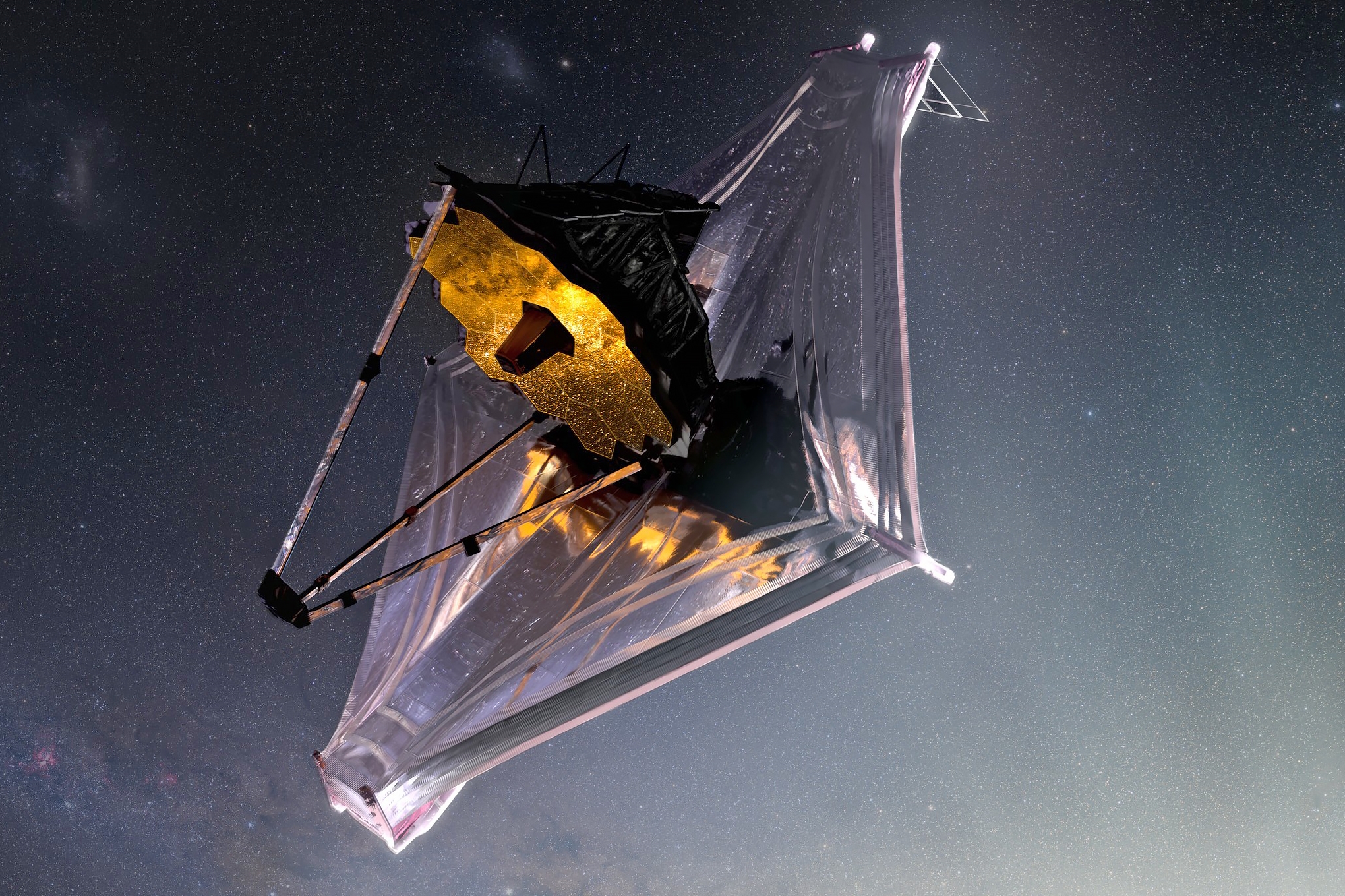 An artist's conception of the James Webb Space Telescope, made by NASA's multimedia specialist, Adriana Manrique Gutierrez.