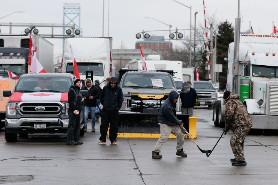 Vehicles blocking the route of the Ambassador bridge, which links Detroit and Windsor