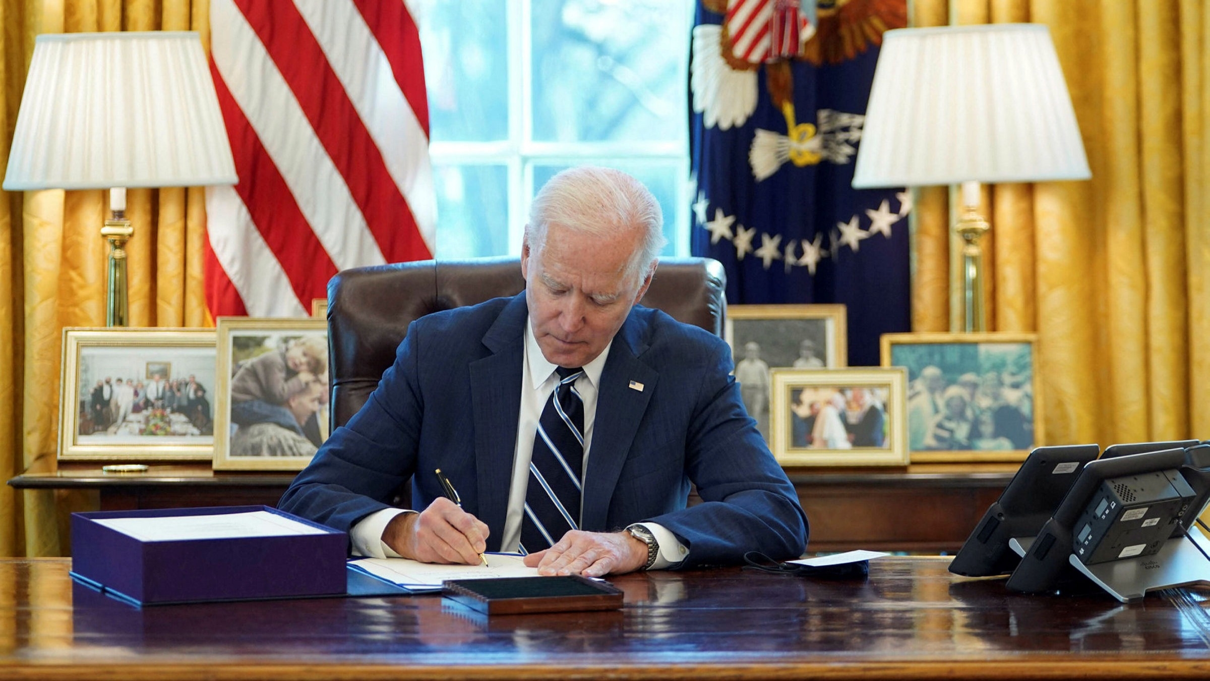 US President Joe Biden in the Oval Office, the White House, Washington DC