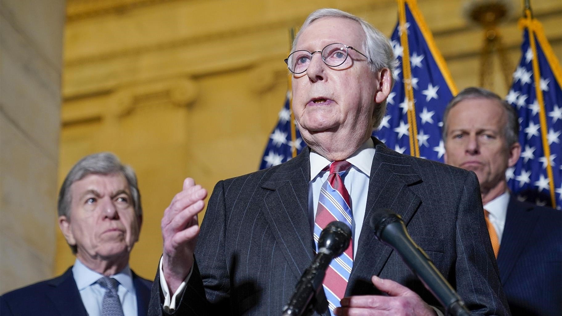 Republican Senate Minority Leader Mitch McConnell, Washington, DC, February 8, 2022, with Republican Senator Roy Blunt, and Republican Senator John Thune (AP)