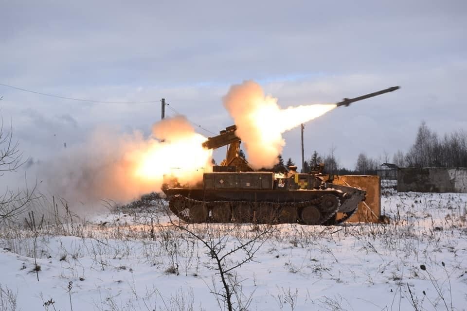 A Strela-10 anti-aircraft missile system of the Ukrainian Armed Forces fires during anti-aircraft military drills in Volyn Region, Ukraine, in this handout picture released January 26, 2022. (Press Service of the Ukrainian Ground Forces Command)