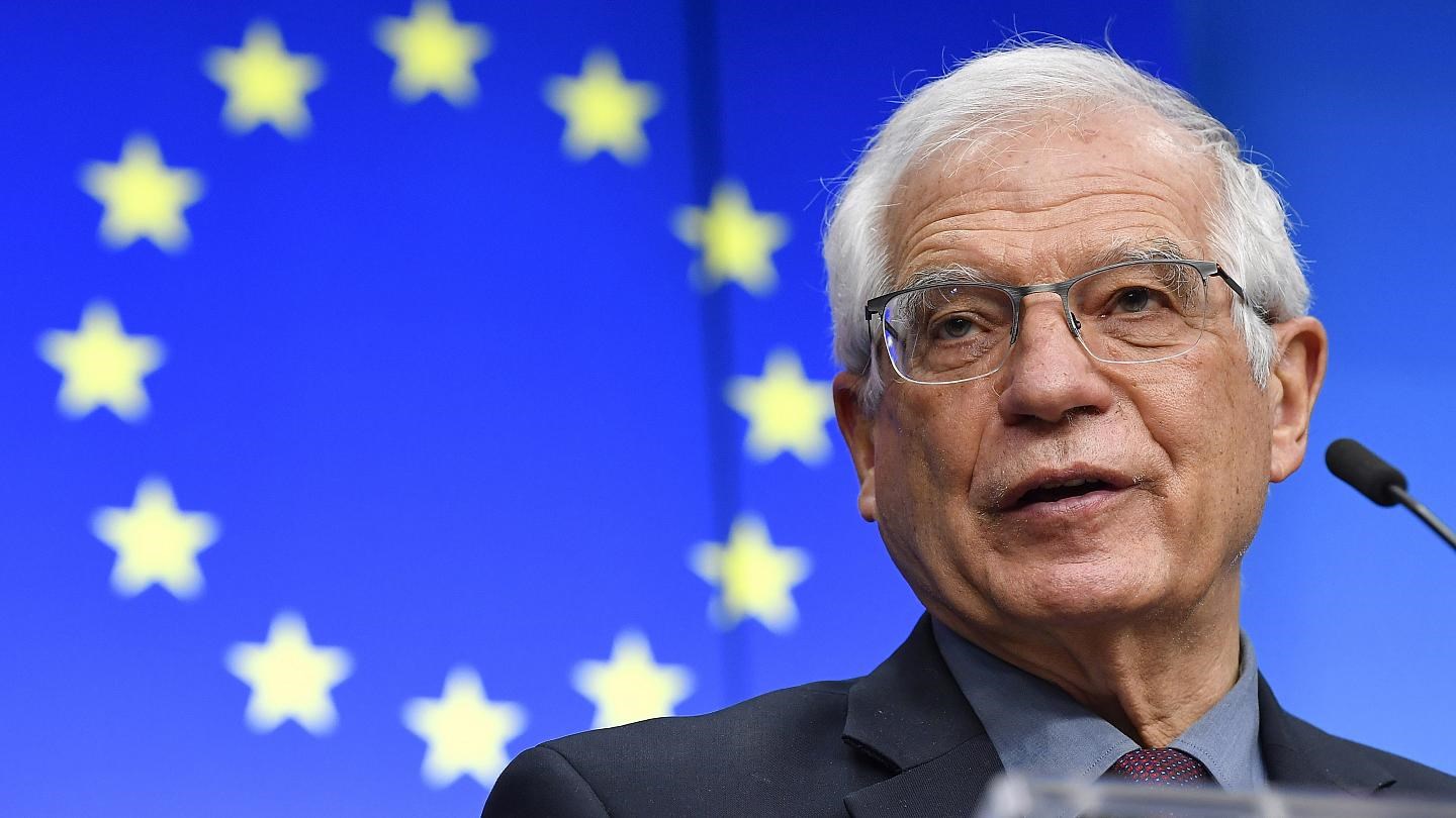 EU foreign policy chief Josep Borrell speaks at the European Council building in Brussels, March 1, 2021 (AP)
