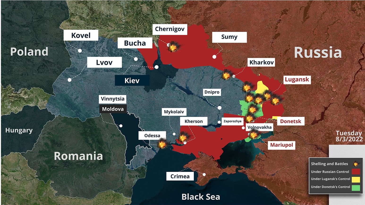 Map indicating the Russian advances in Ukraine