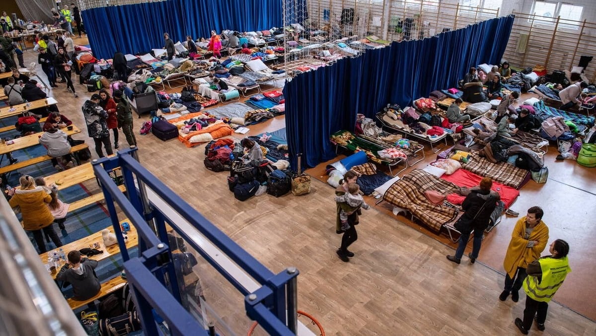 Refugees from Ukraine arriving to the sports hall at the primary school in Lubycza Krolewska near Lublin, Poland, March 4, 2022