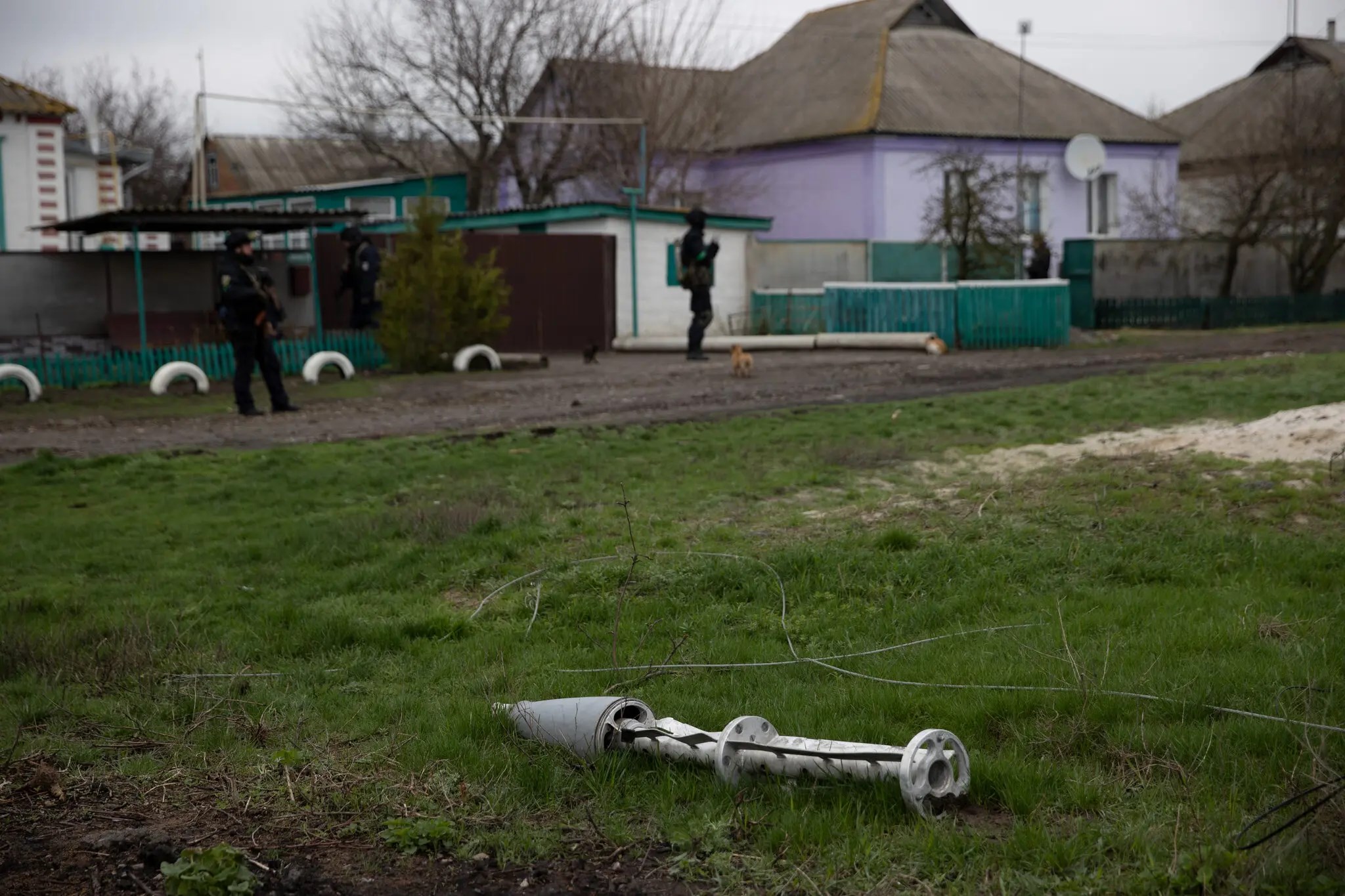 Part of a Uragan cluster munition that was most likely fired by Ukrainian forces in Husarivka