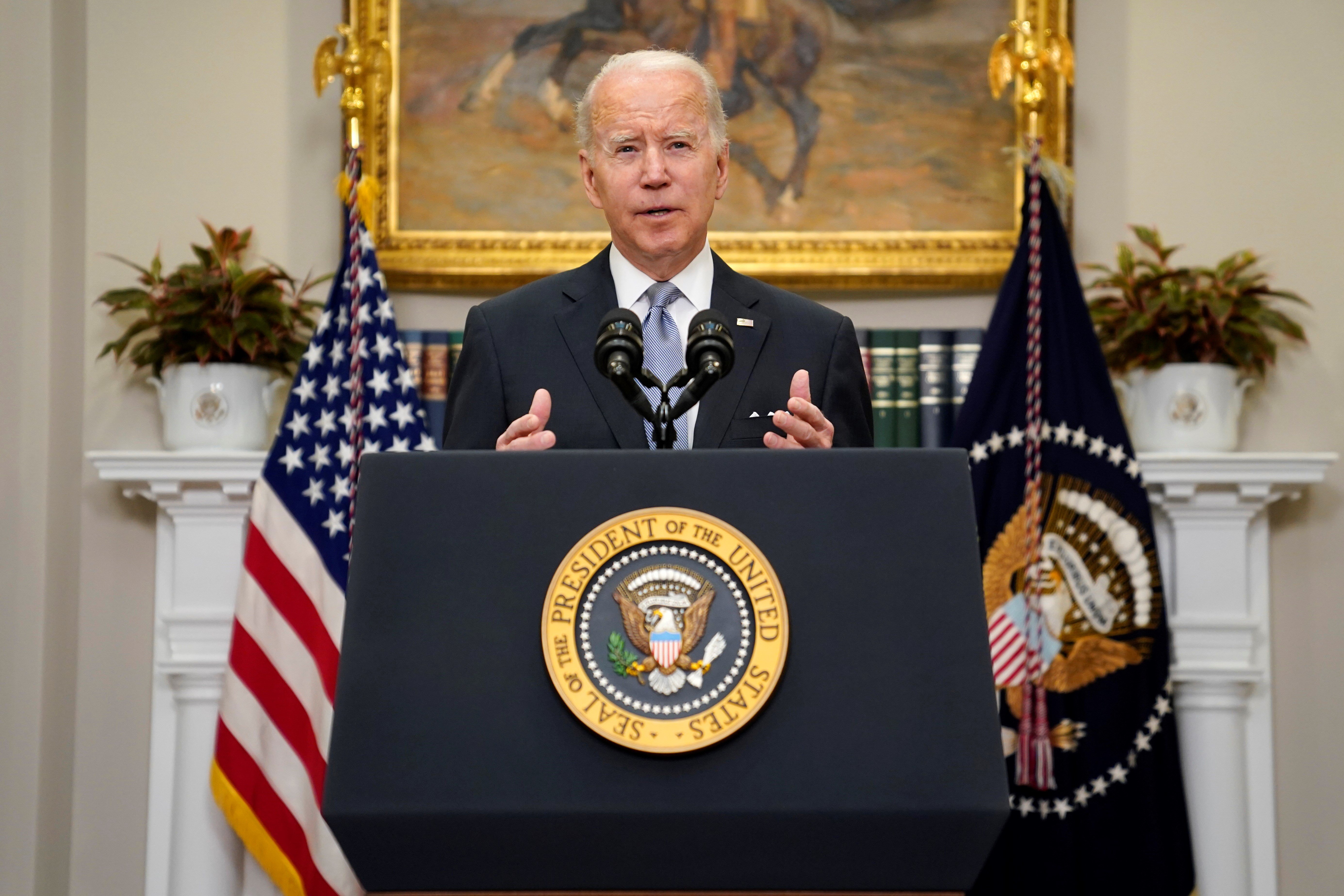 President Joe Biden delivers remarks on the Russian invasion of Ukraine, in the Roosevelt Room of the White House, Thursday, April 21, 2022, in Washington DC, United States (AP)