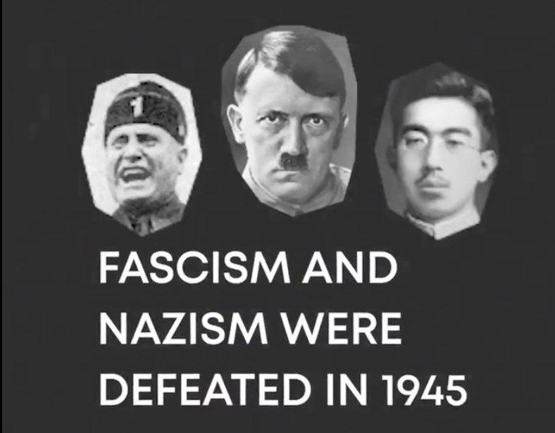 A screen grab from Ukraine's video showing Adolph Hitler, Benito Mussolini, and Hirohito