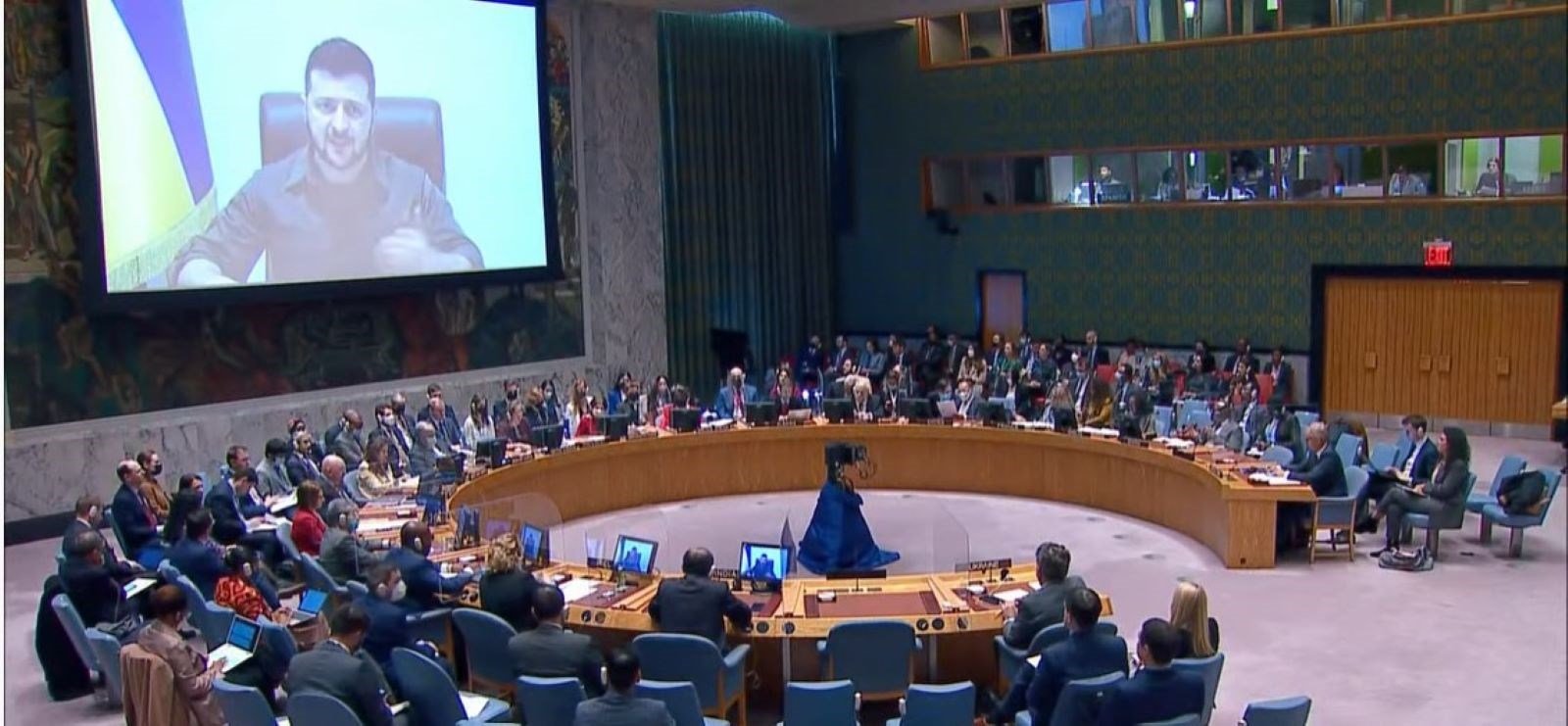 Ukrainian President Volodymyr Zelensky addressing the UN Security Council on April 5, 2022