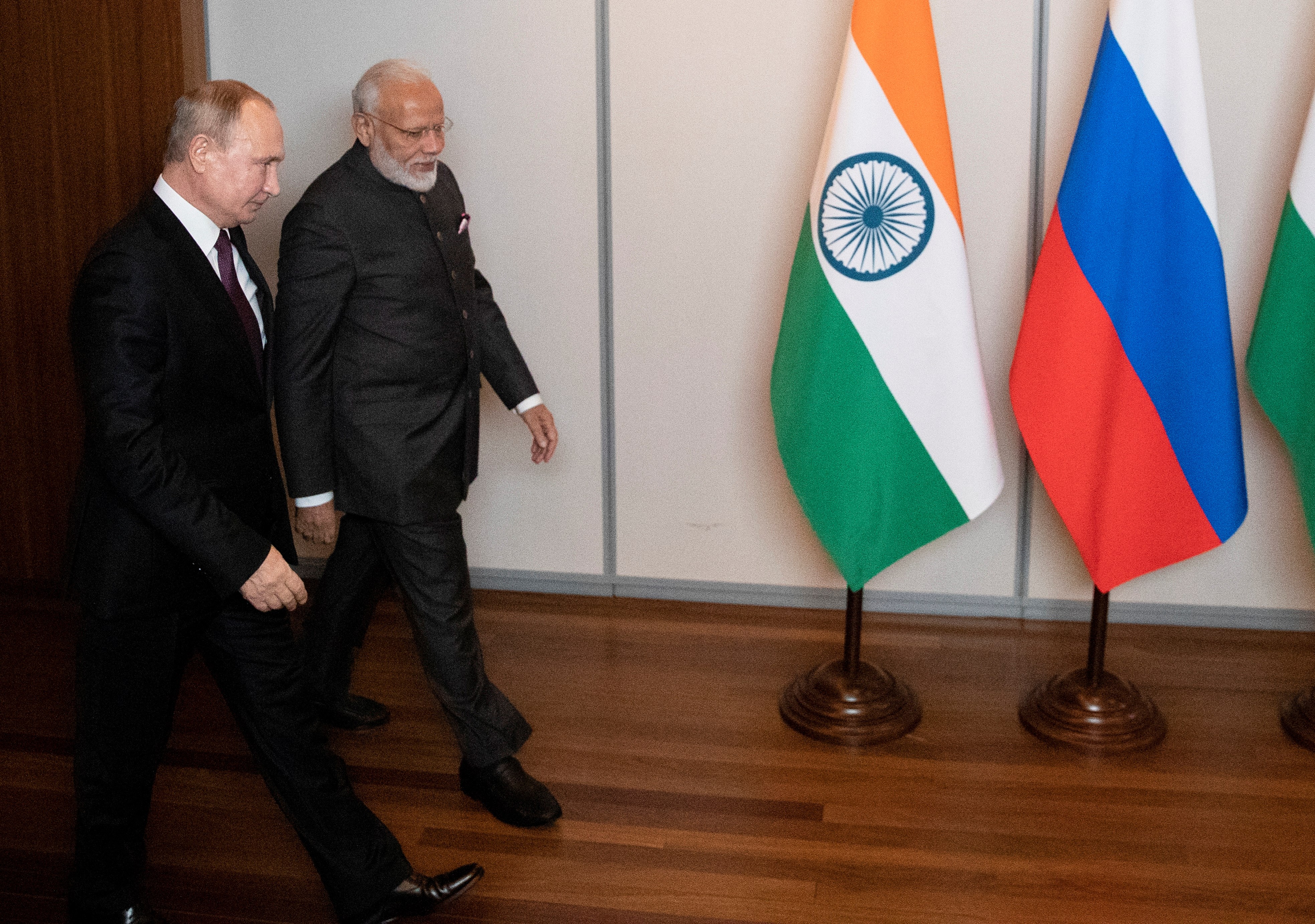Russian President Vladimir Putin and Indian Prime Minister Narendra Modi at the 2019 BRICS Summit (Reuters)