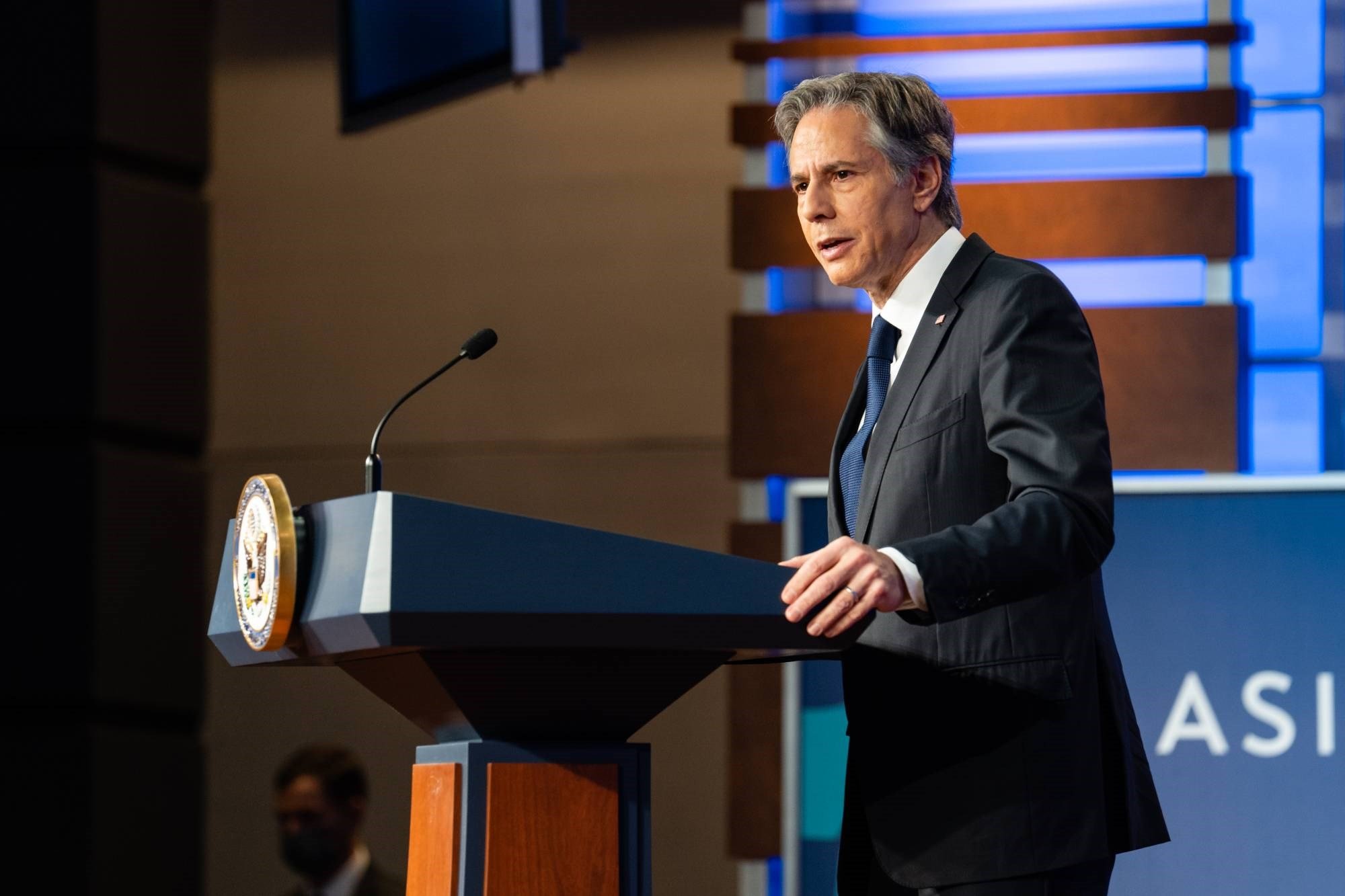 US Secretary of State Antony Blinken speaks while outlining US strategy toward China at George Washington University, Washington DC, United States, on  May 26, 2022 (Bloomberg)
