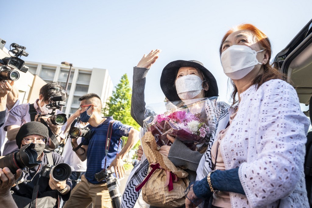 Japanese Red Army founder Fusako Shigenobu following her release from prison in Akishima, Japan, on May 28, 2022 (AFP)