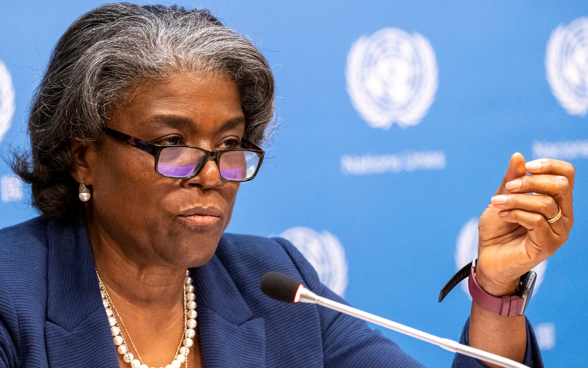 US Ambassador to the United Nations Linda Thomas-Greenfield during a news conference at United Nations headquarters, on March 1, 2021 (AP)