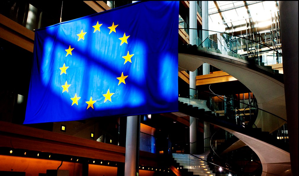 EU flag in the European Parliament in Strasbourg