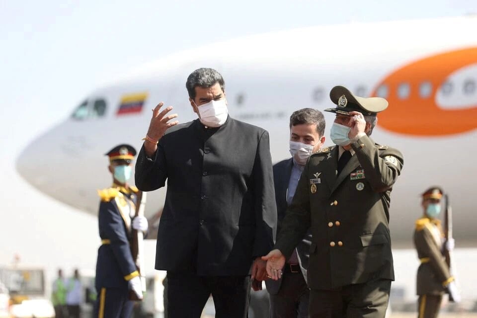 Iranian Defense Minister Brigadier General Mohammad-Reza Ashtiani welcomes Venezuelan President Nicolas Maduro upon his arrival at Mehrabad Airport in Tehran, Iran June 10, 2022. (WANA)