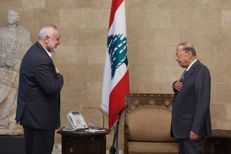 Haniyeh meeting Lebanese President Michel Aoun during his visit to Lebanon in June 2021