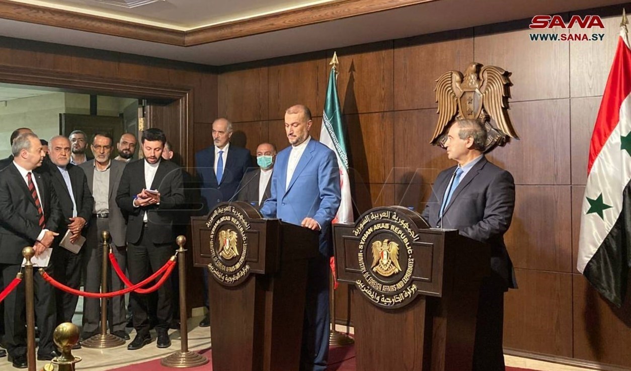 Iranian Foreign Minister Hossein Amir-Abdollahian with his Syrian counterpart, Faisal Al-Mokdad, during a joint press conference in Damascus, Syria, July 2, 2022 (SANA)