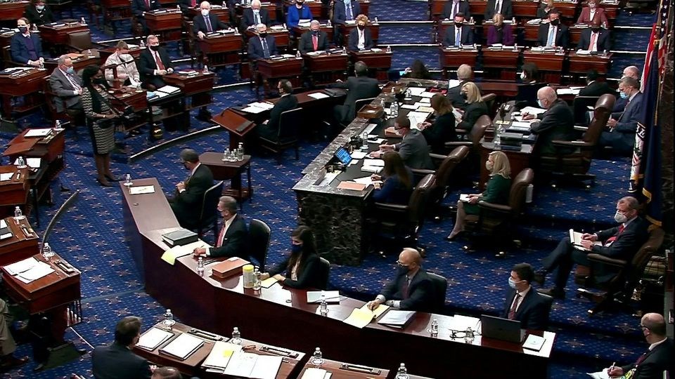View of the U.S. Senate chamber on Capitol Hill in Washington, U.S., February 9, 2021. (US Senate TV/Handout via Reuters)