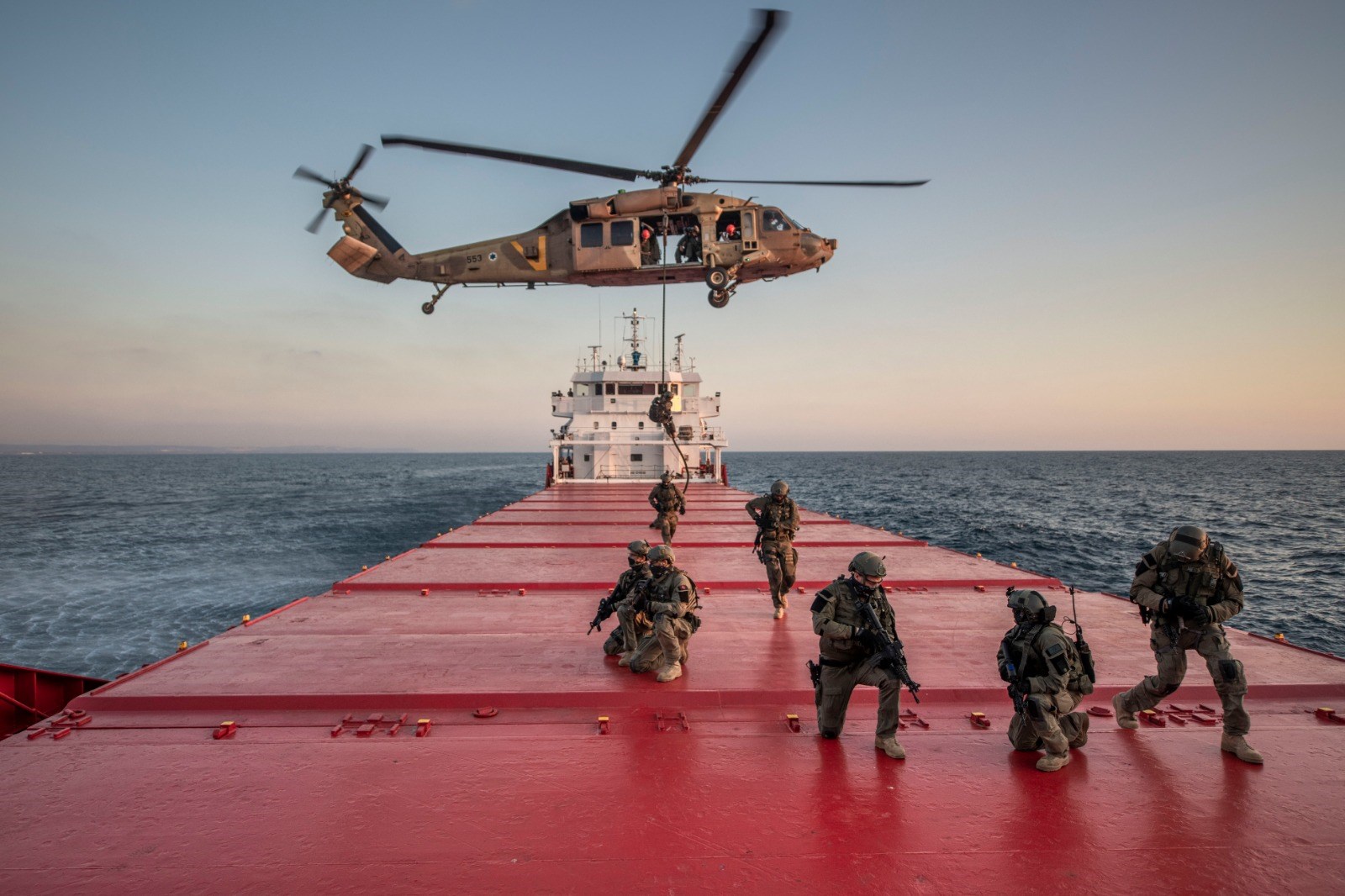 American and Israeli occupation forces simulate taking over a merchant ship in the Mediterranean Sea as part of large naval exercise Nobel Rose in August 2019
