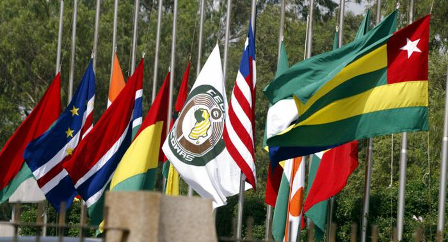 The flags of the ECOWAS member states, centered by the bloc's flag (Getty images)