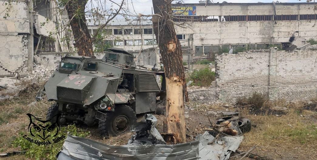 A destroyed British-made Saxon armoured personnel carrier in Lysychansk, Donbass