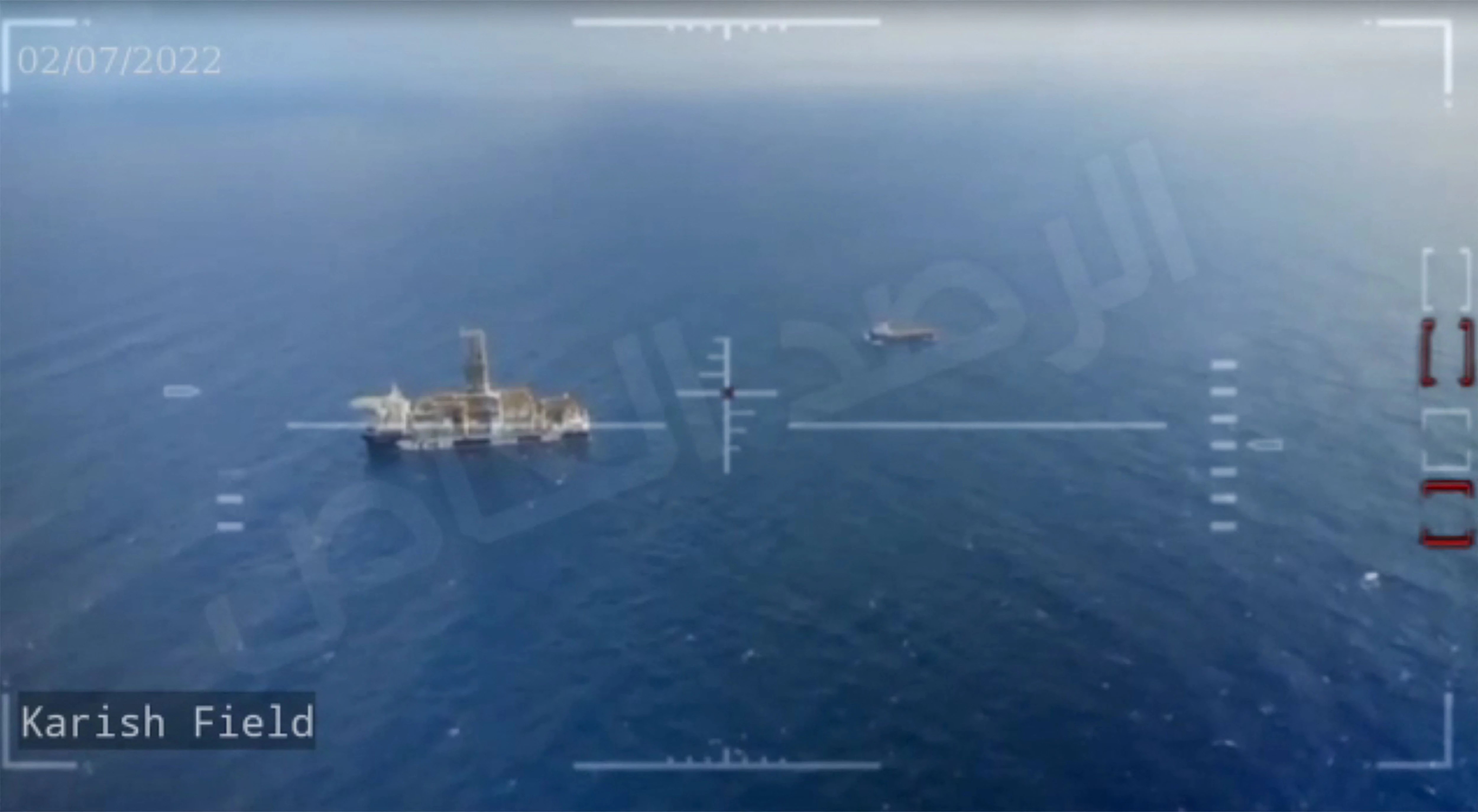 The Energean unit in the Karish field in the eastern Mediterranean from UAV footage released by Hezbollah, July 3, 2022 (AFP)
