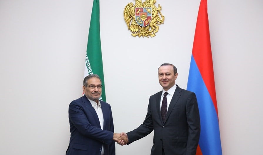 Secretary of Iran’s Supreme National Security Council Ali Shamkhani meets with his Armenian counterpart Armen Grigoryan in Yerevan on July 7, 2022