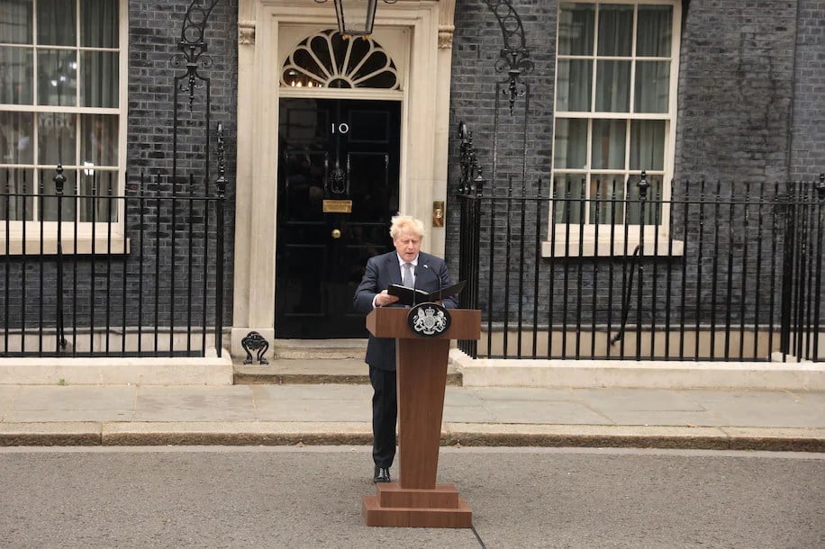 British Prime Minister Boris Johnson makes a statement at Downing Street in London, Britain, July 7, 2022 (Reuters)